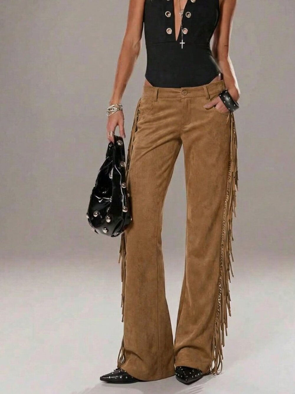 Brown Casual Women's Flare Leg Pants With Side Fringe Detail - Picture 5 of 5